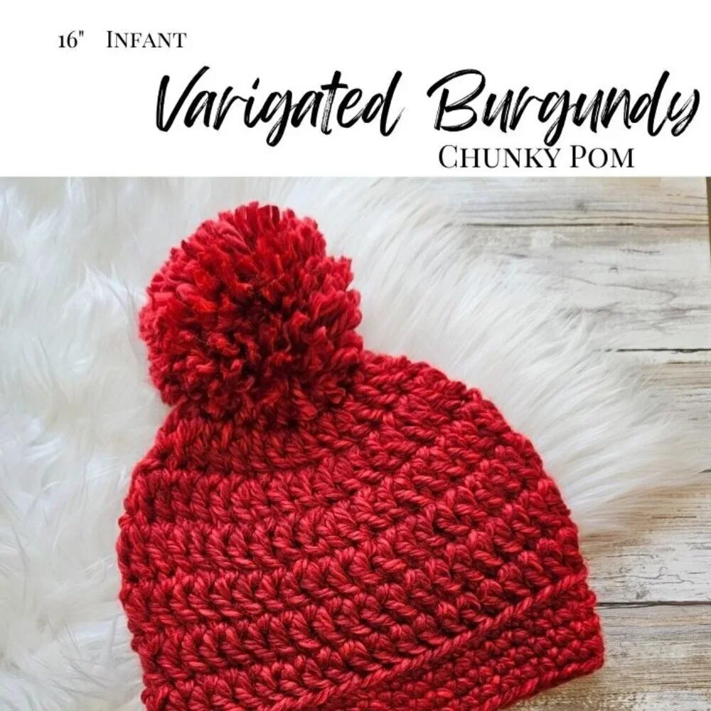 Infant Pom Pom Hat, Chunky KNit Crochet, Burgundy